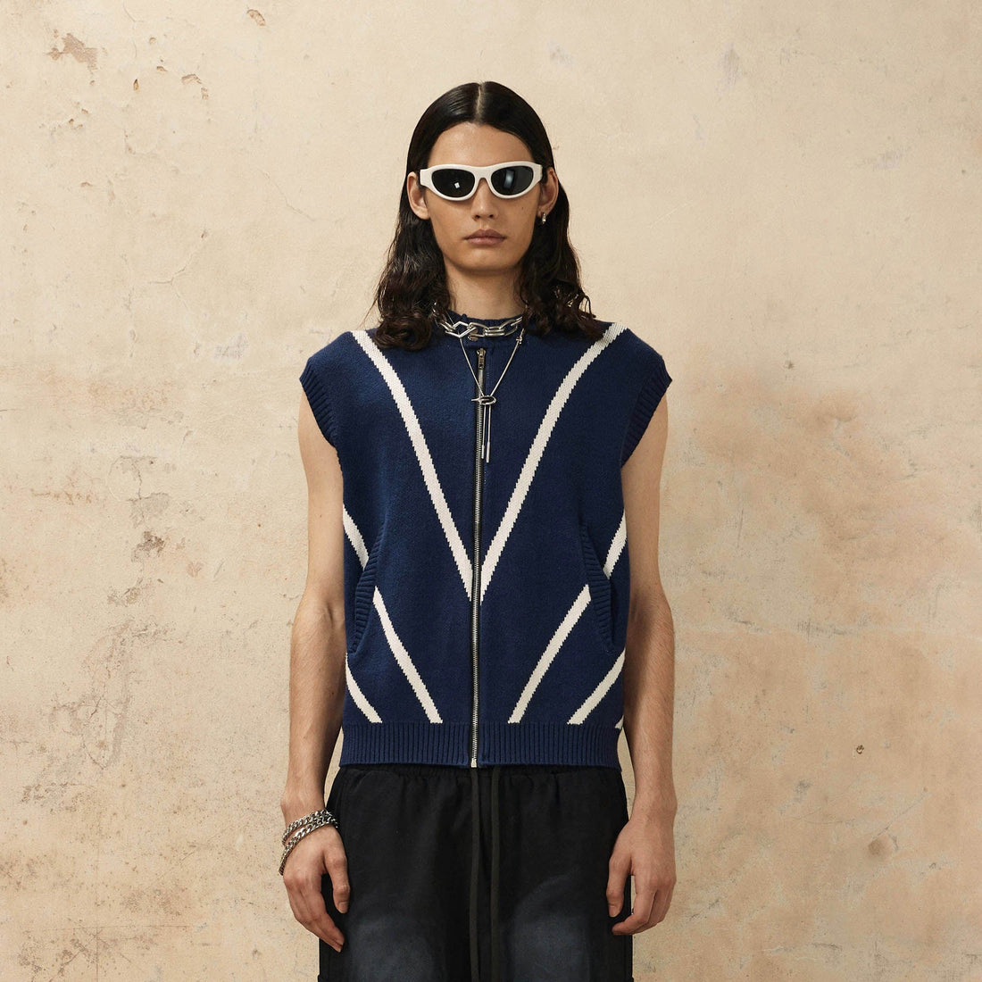 OVDY Chevron Stripe Zip-Up Knit Vest-Vest-S-Black-Free Shipping Leatheretro