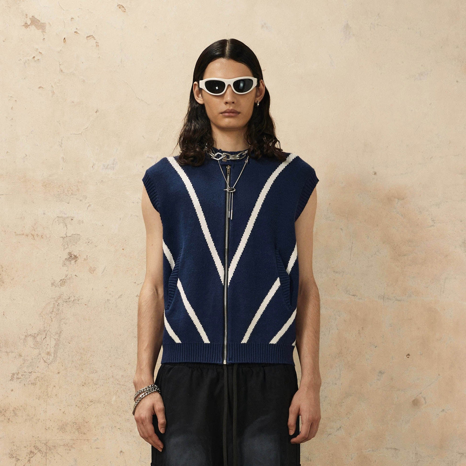OVDY Chevron Stripe Zip-Up Knit Vest-Vest-S-Blue-Free Shipping Leatheretro