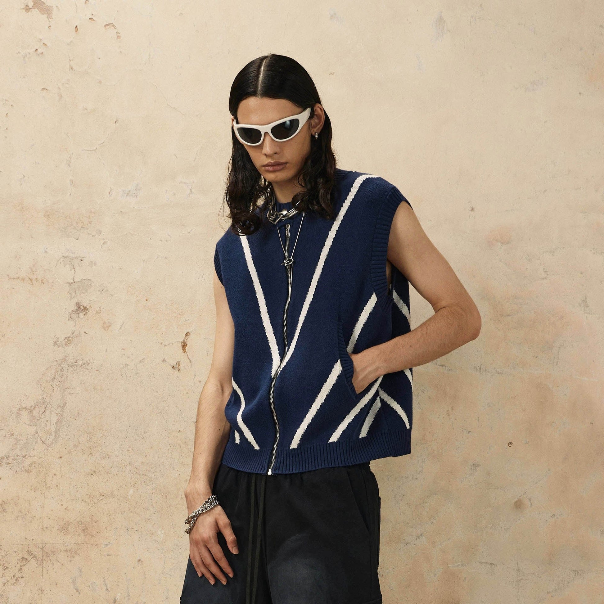 OVDY Chevron Stripe Zip-Up Knit Vest-Vest-S-Black-Free Shipping Leatheretro