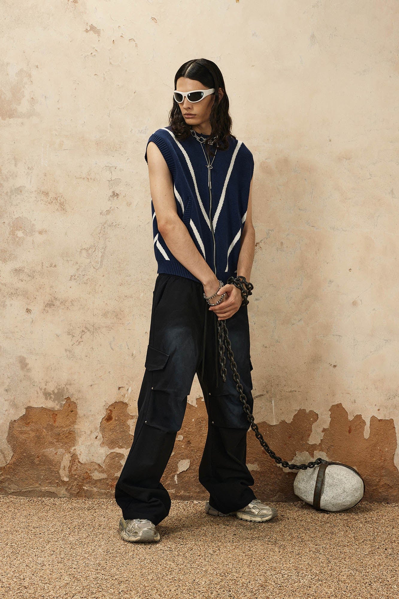OVDY Chevron Stripe Zip-Up Knit Vest-Vest-S-Black-Free Shipping Leatheretro
