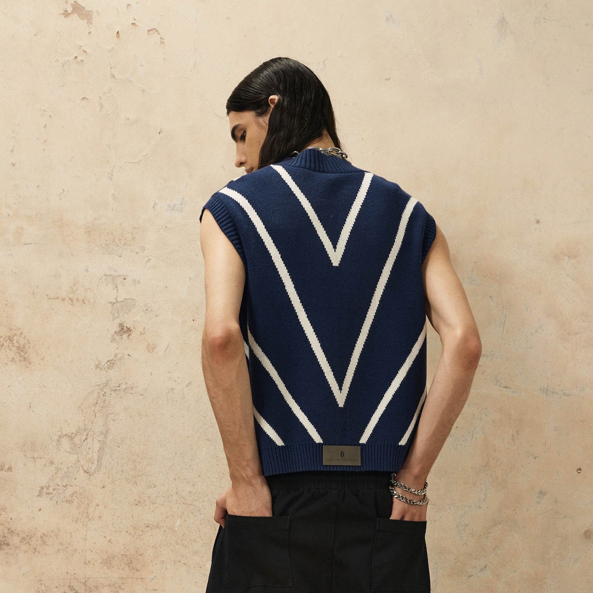 OVDY Chevron Stripe Zip-Up Knit Vest-Vest-S-Black-Free Shipping Leatheretro