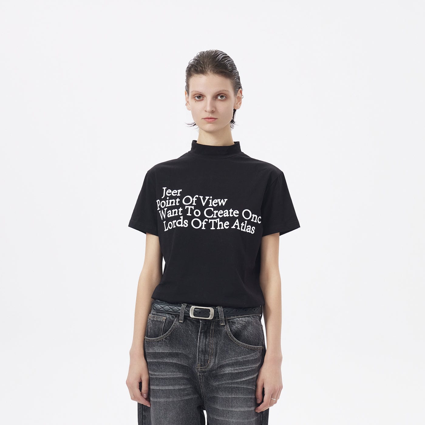 ARTIFICIAL WORLD Slogan Mock Neck T-Shirt-T Shirt-XS-Black-Free Shipping Leatheretro