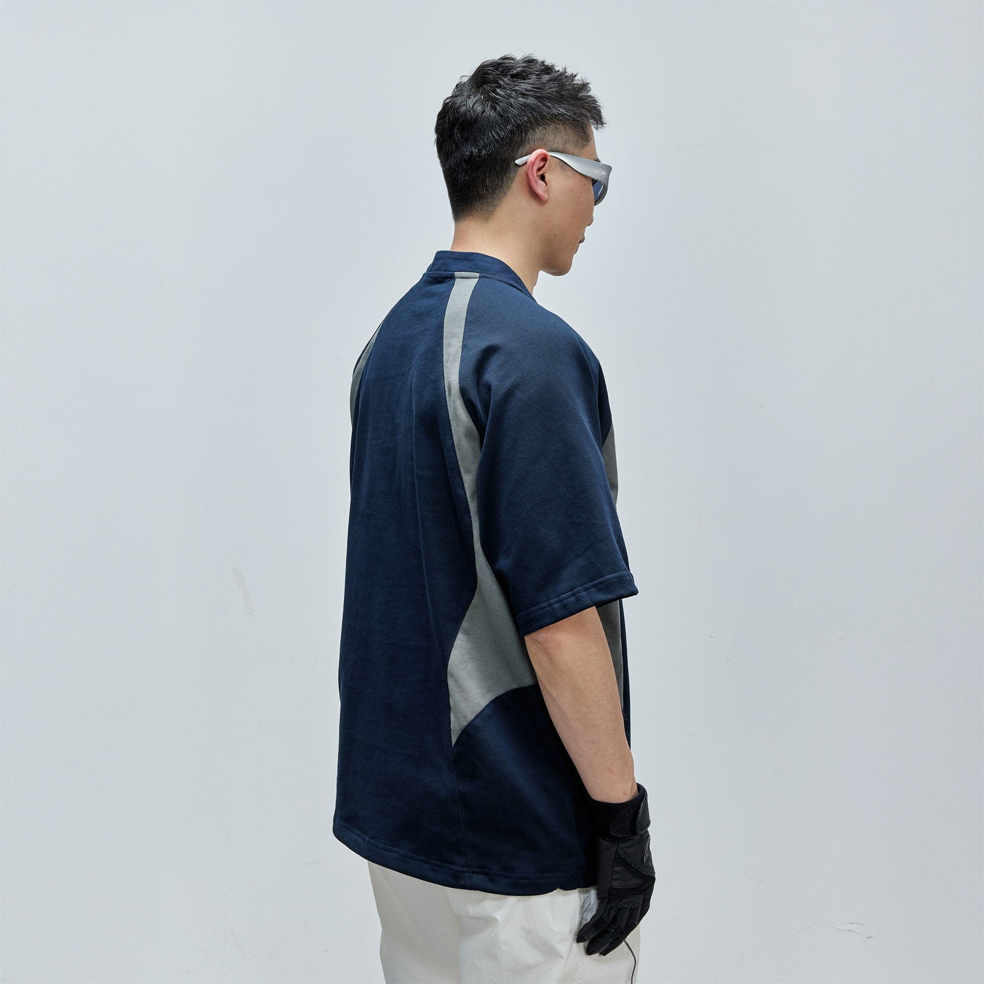 CATSSTAC Contrast Panel Half-Zip Oversized T-Shirt-T Shirt-M-Free Shipping Leatheretro