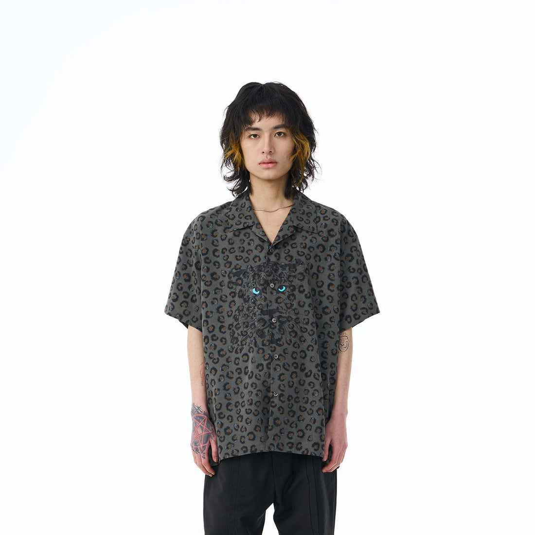 EPIC POETRY Leopard Face Half Shirt Grey-Half shirt-S-Free Shipping Leatheretro