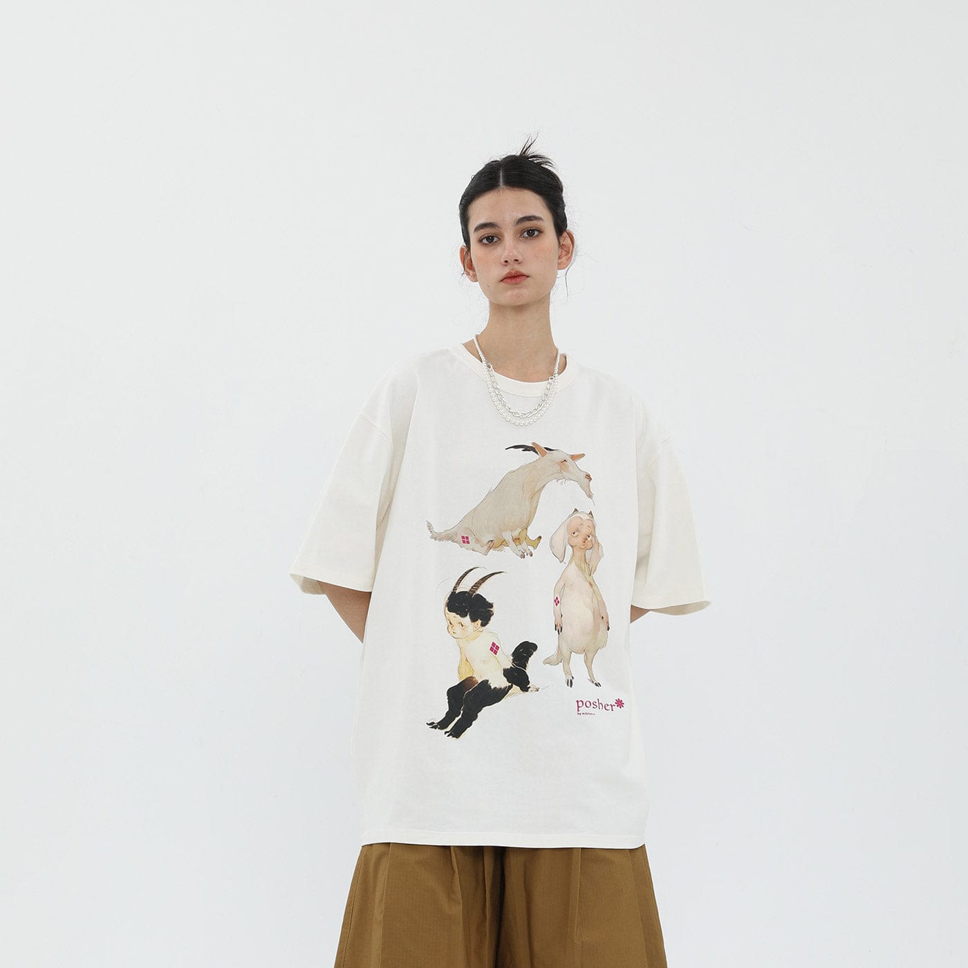 MIICHOUS Cartoon Goat T-Shirt-T Shirt-S-White-Free Shipping Leatheretro