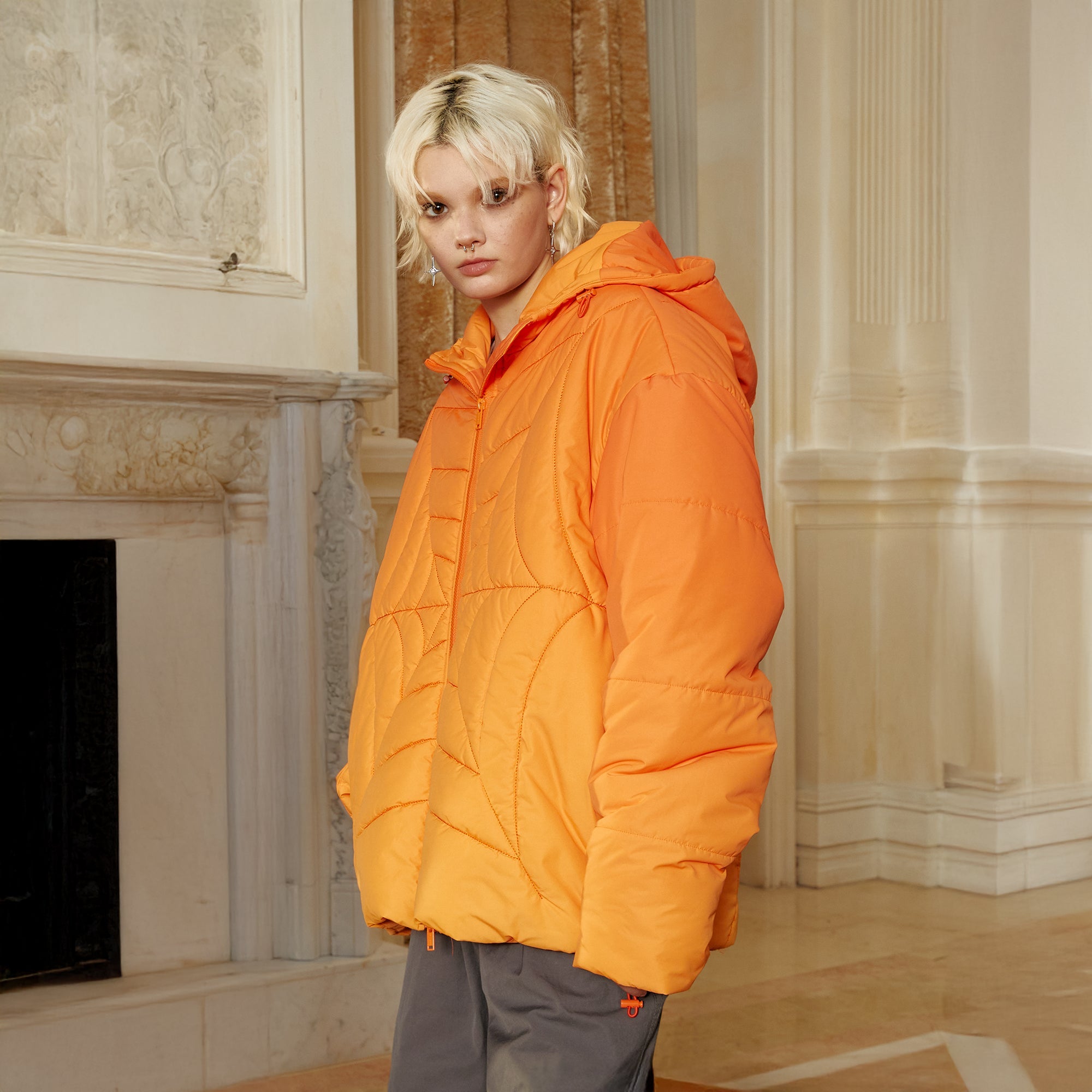 DONSMOKE Spider Web Quilt Hooded Puffer Jacket-Jacket-S-Black-Free Shipping Leatheretro