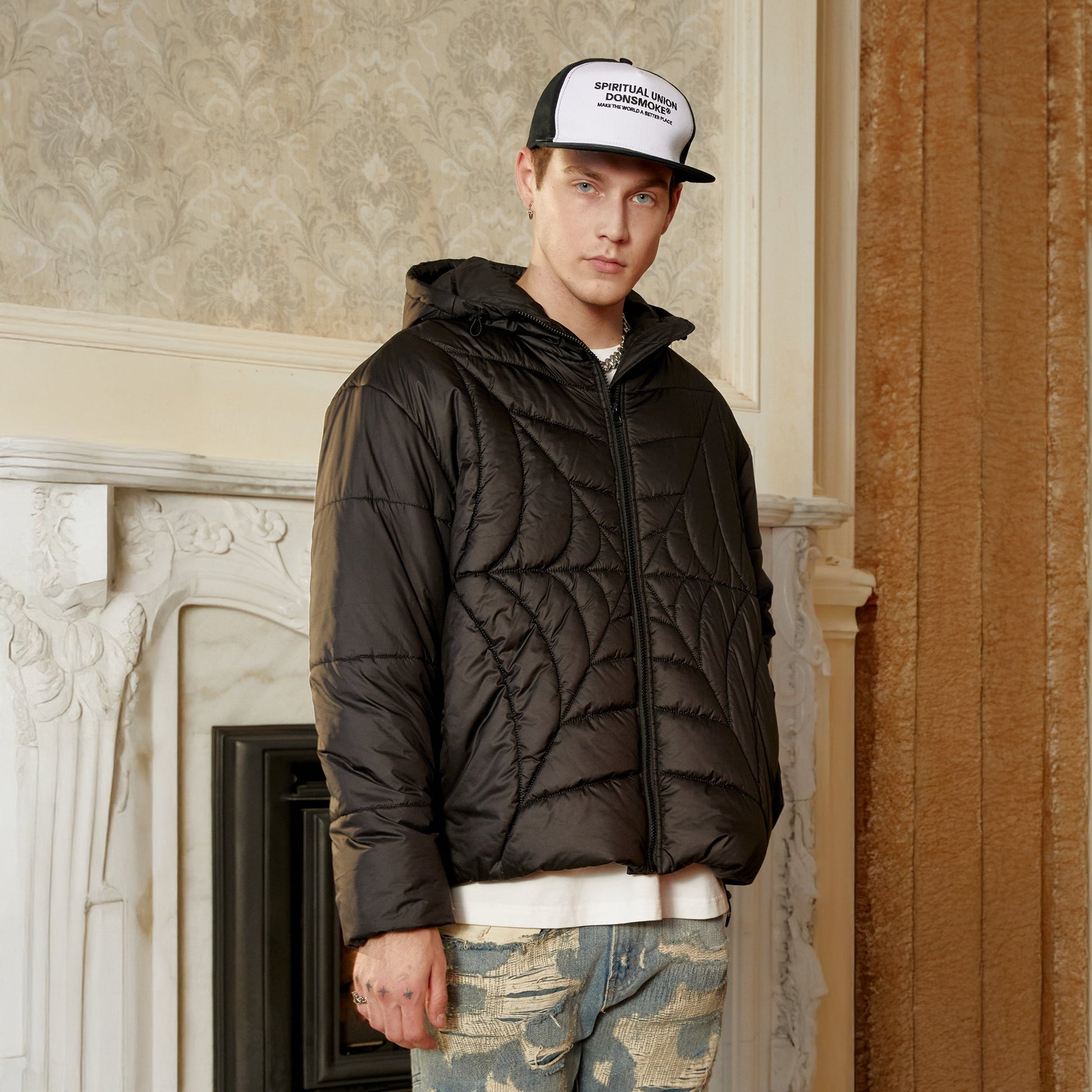 DONSMOKE Spider Web Quilt Hooded Puffer Jacket-Jacket-S-Black-Free Shipping Leatheretro