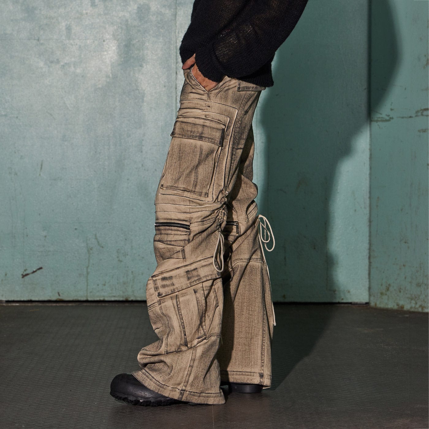 DND4DES Distressed Drawstring Crinkled Zipper Cargo-Pants-S-Free Shipping Leatheretro