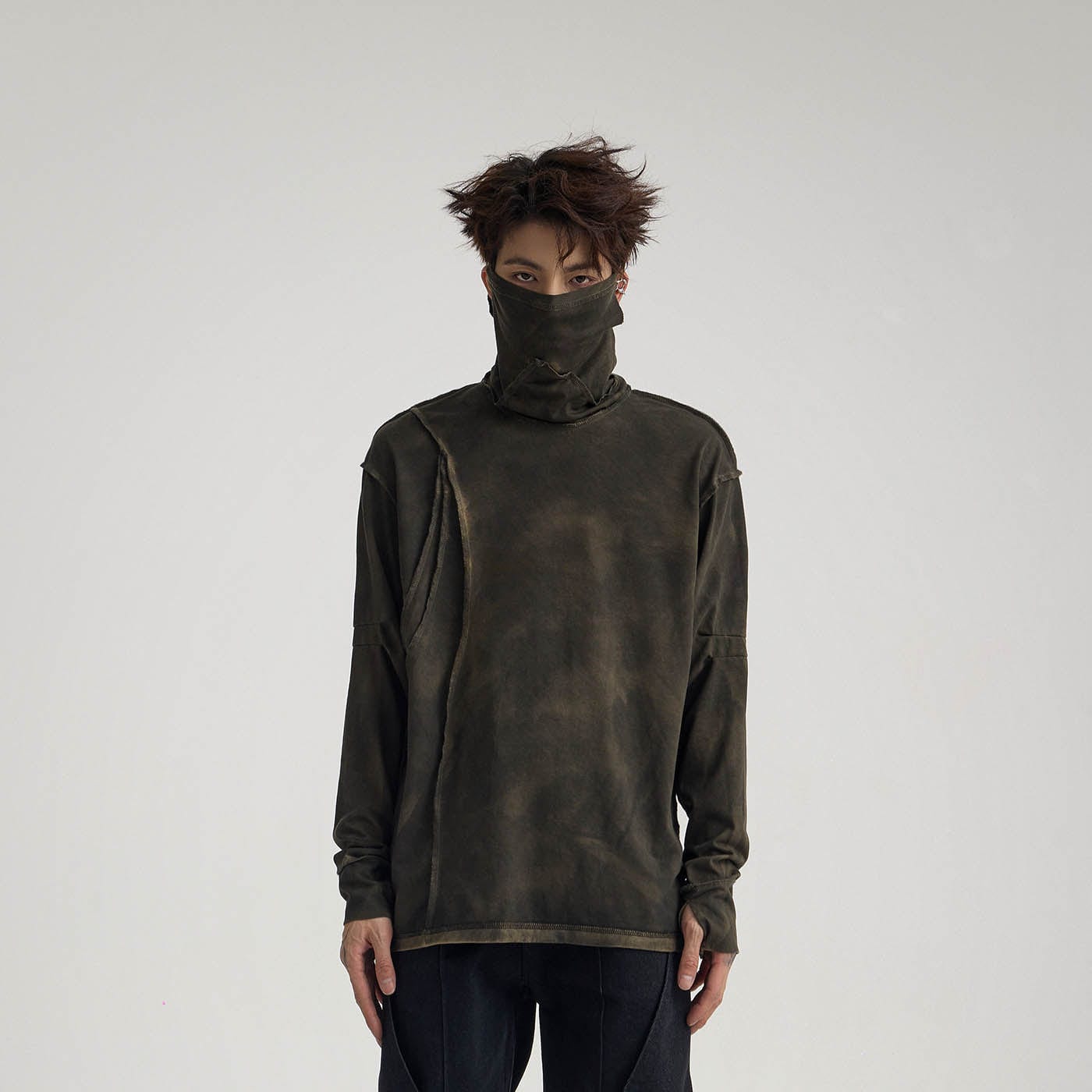 FLYERRER Distressed Reversible Spliced High-Neck L/S Tee-L/S Tee-S-Free Shipping Leatheretro