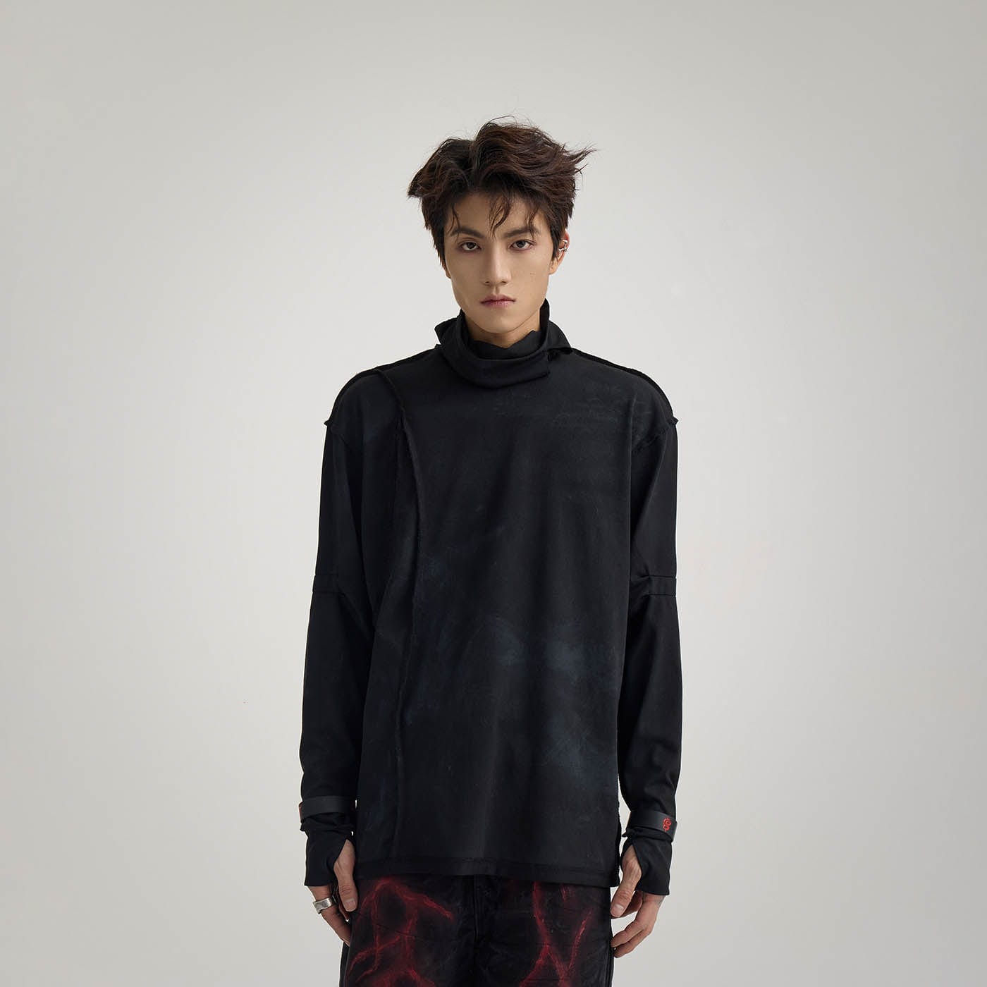 FLYERRER Distressed Reversible Spliced High-Neck L/S Tee-L/S Tee-S-Free Shipping Leatheretro