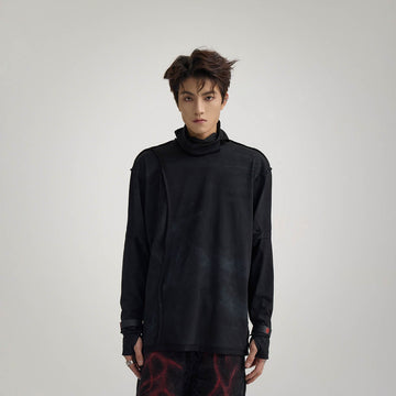 FLYERRER Distressed Reversible Spliced High-Neck L/S Tee-L/S Tee-S-Free Shipping Leatheretro