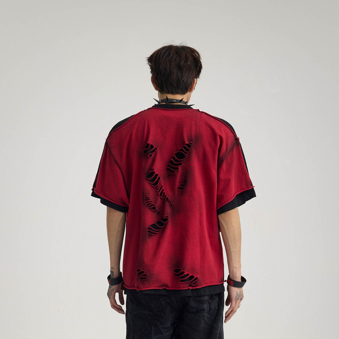 FLYERRER Double-Layered Ripped T-Shirt Red-T Shirt-S-Free Shipping Leatheretro