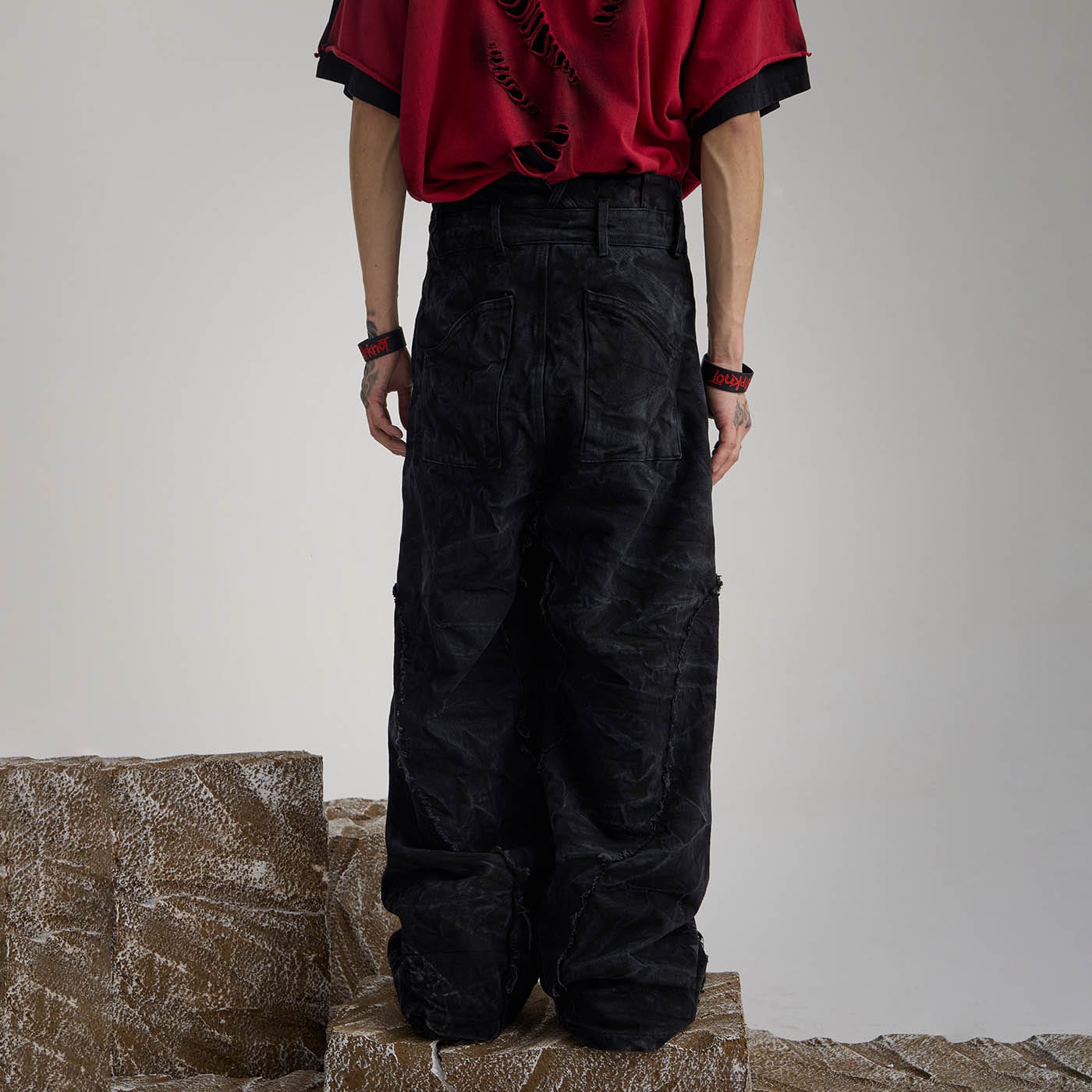 FLYERRER Spliced Raw Edge Doodle Wrinkled Jeans-Jeans-S-Free Shipping Leatheretro