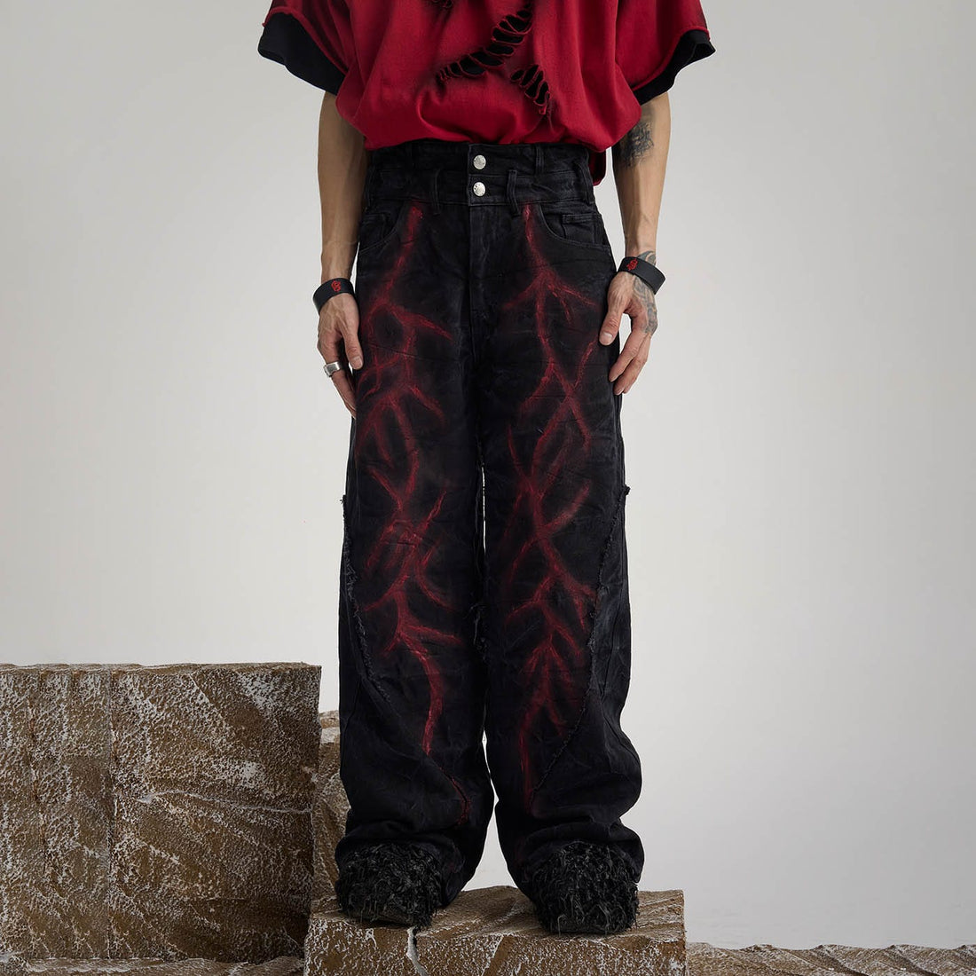 FLYERRER Spliced Raw Edge Doodle Wrinkled Jeans-Jeans-S-Free Shipping Leatheretro