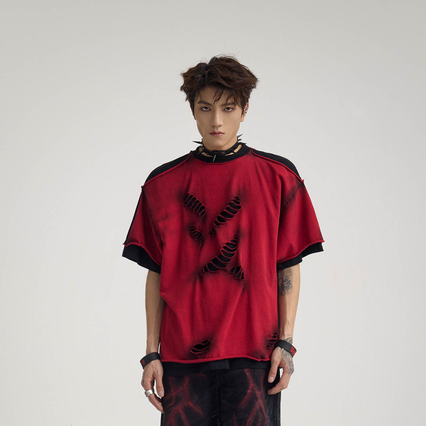 FLYERRER Double-Layered Ripped T-Shirt Red-T Shirt-S-Free Shipping Leatheretro