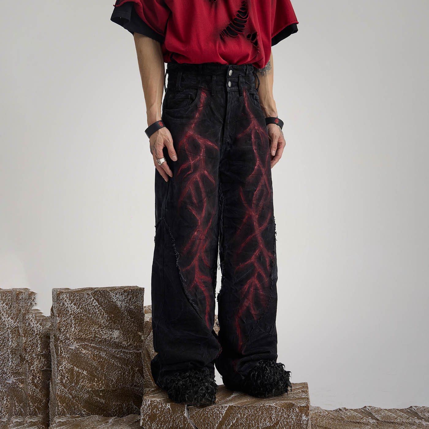 FLYERRER Spliced Raw Edge Doodle Wrinkled Jeans-Jeans-S-Free Shipping Leatheretro