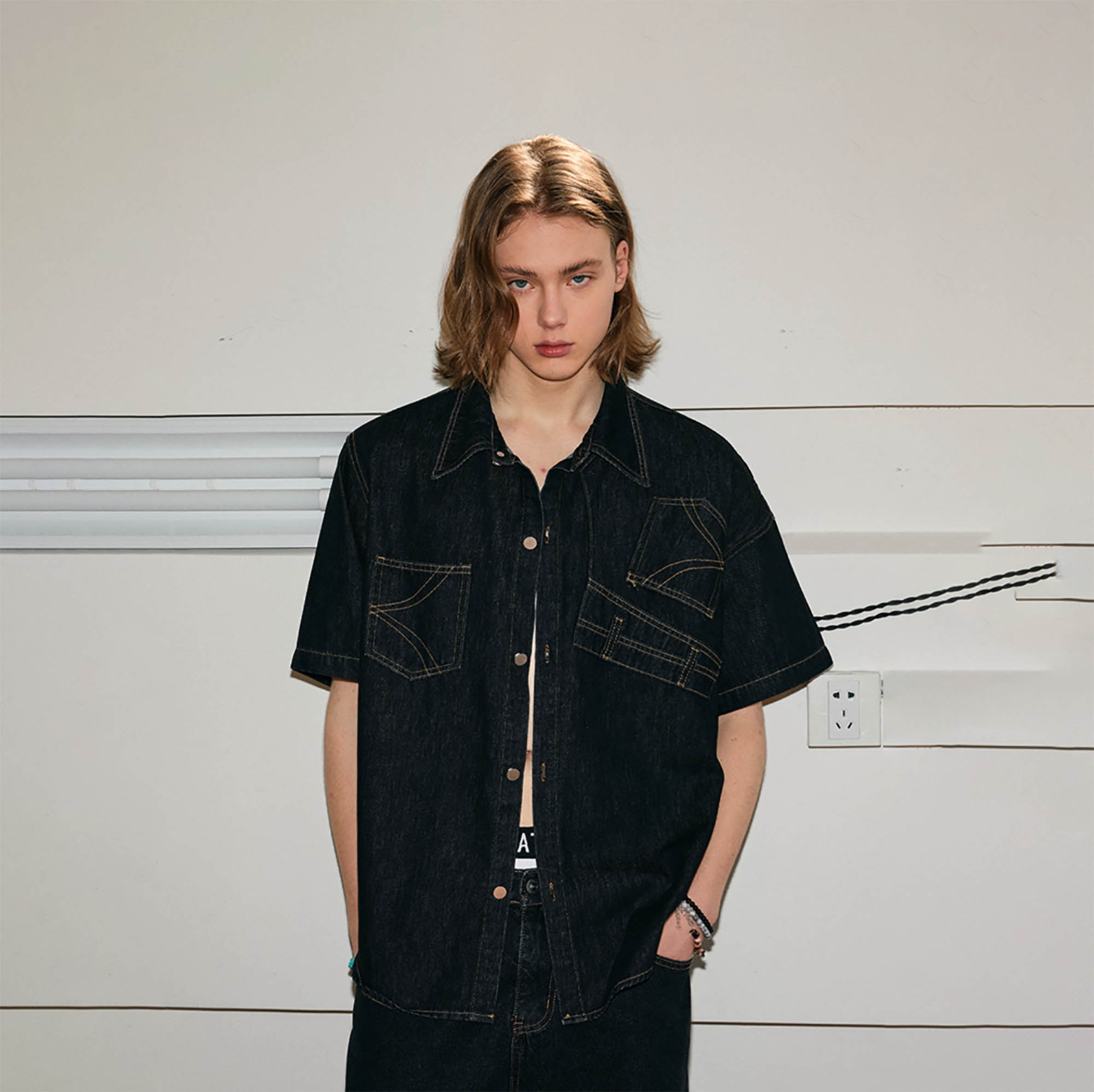 KREATE Inverted Denim Deconstructed Half Shirt-Half shirt-S-Black-Free Shipping Leatheretro