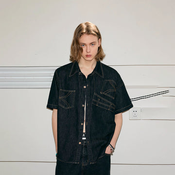 KREATE Inverted Denim Deconstructed Half Shirt-Half shirt-S-Black-Free Shipping Leatheretro