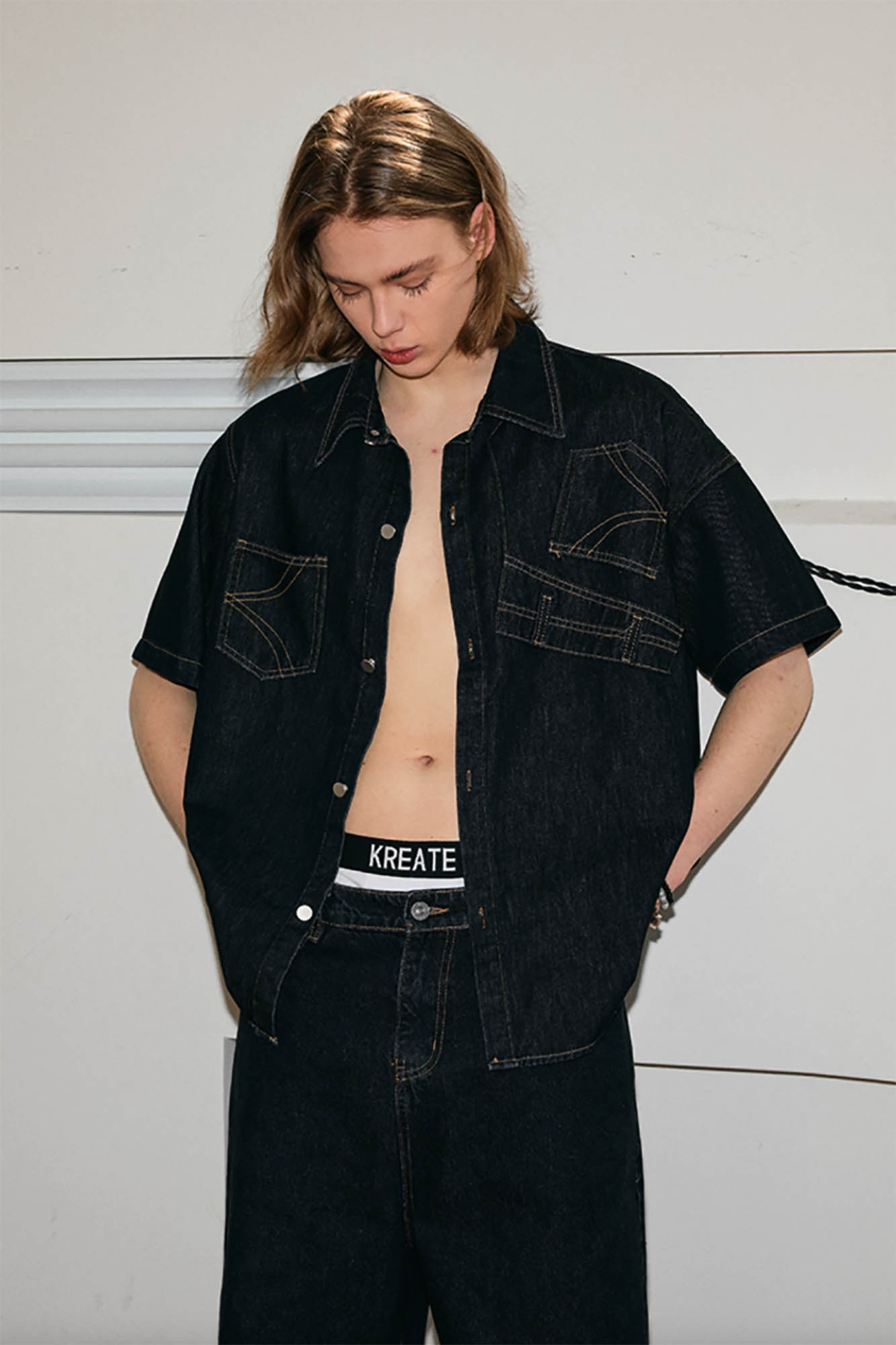 KREATE Inverted Denim Deconstructed Half Shirt-Half shirt-S-Black-Free Shipping Leatheretro