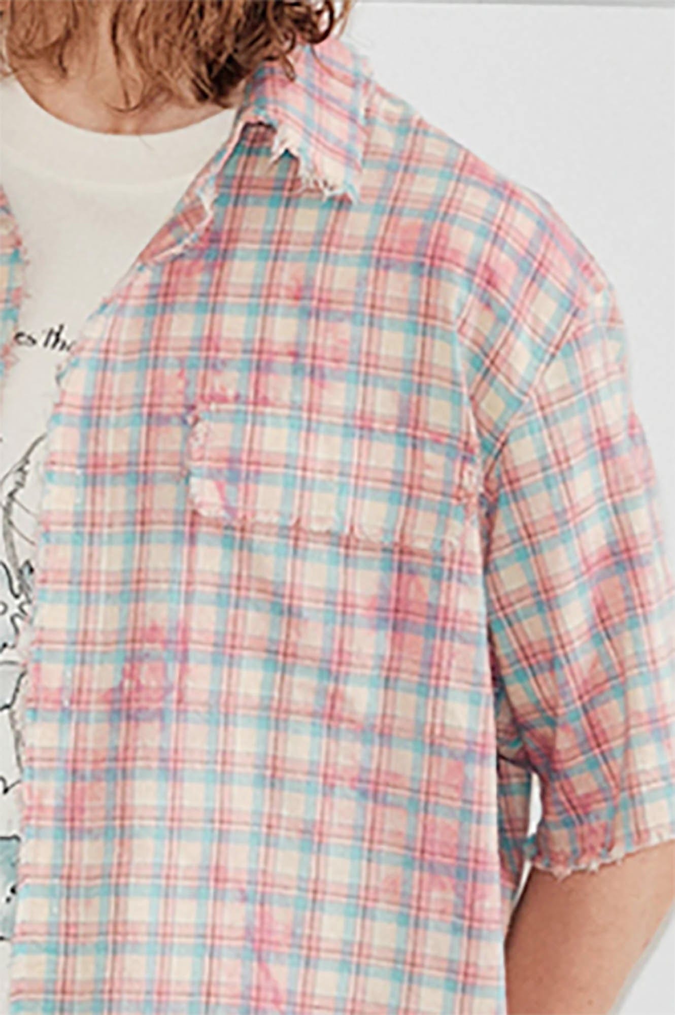 KREATE Frayed Tie-Dye Plaid Half Shirt-Half shirt-S-Pink-Free Shipping Leatheretro