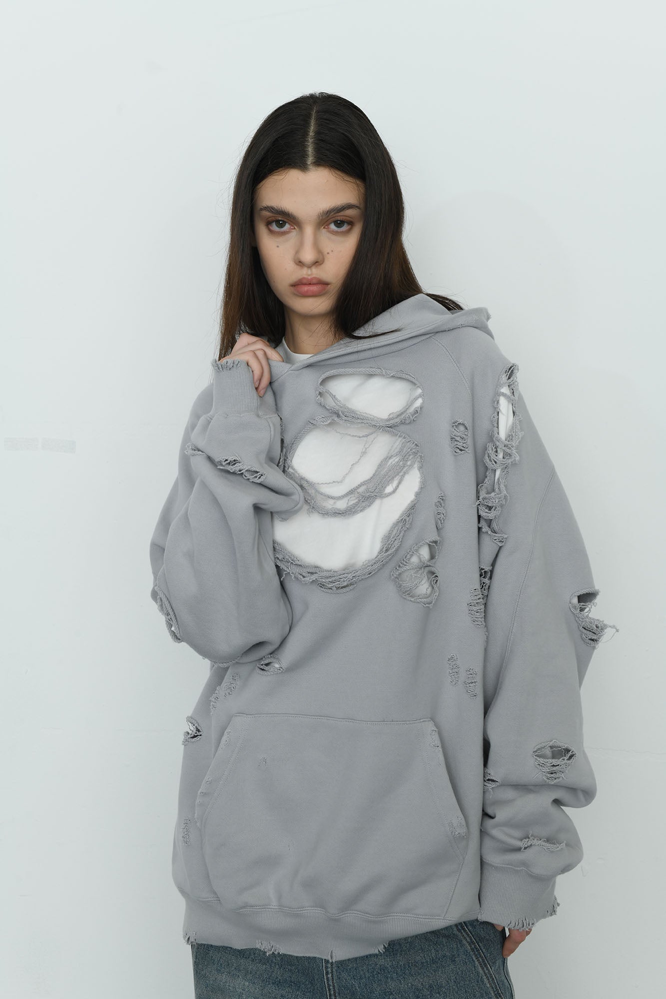 EGOFETCH Ripped Oversized Hoodie-Hoodie-S-Light Gray-Free Shipping Leatheretro
