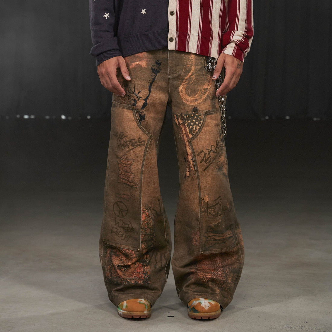 DND4DES Deconstructed Double-Knee Graffiti Wide-Leg Pants-Pants-S-Free Shipping Leatheretro