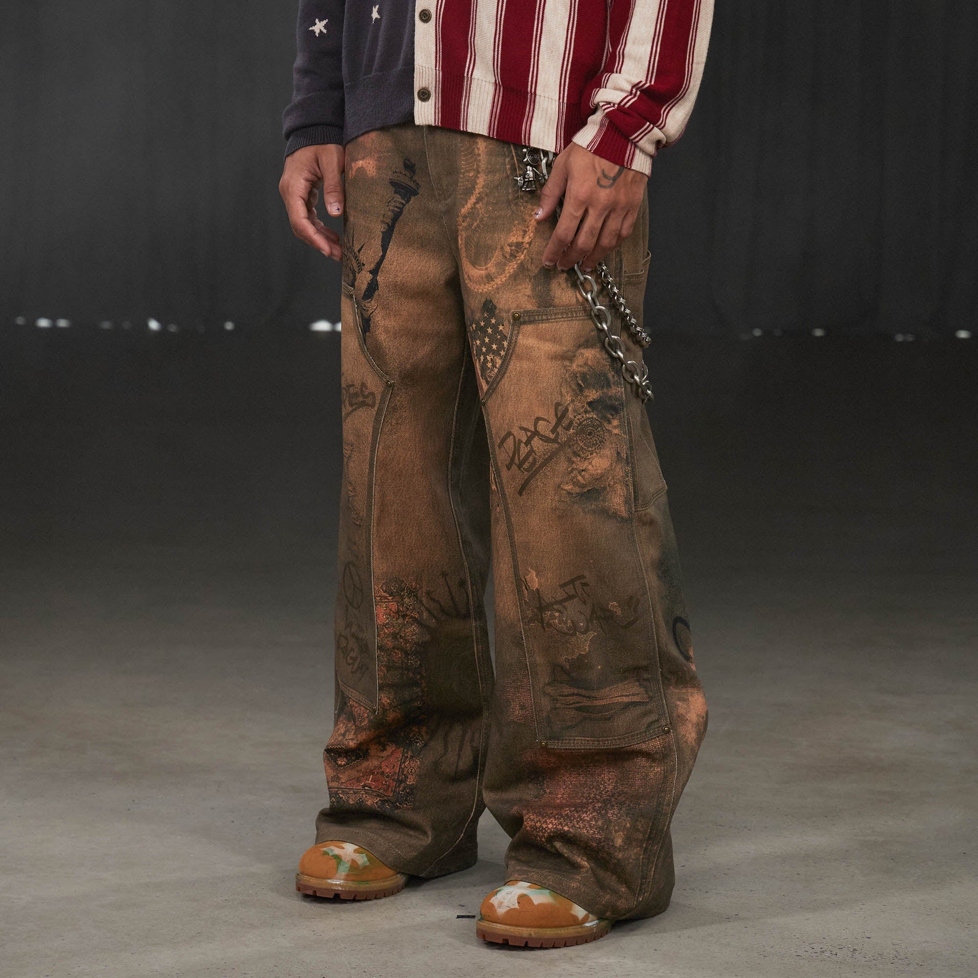 DND4DES Deconstructed Double-Knee Graffiti Wide-Leg Pants-Pants-S-Free Shipping Leatheretro