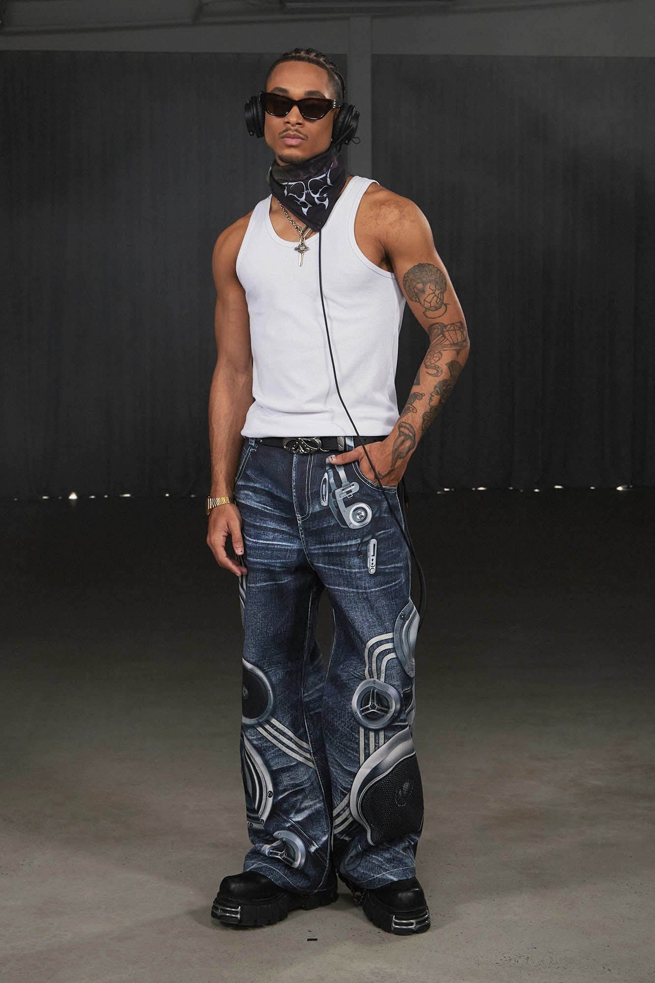 DND4DES Sound System Straight-Leg Pants Blue-Pants-S-Free Shipping Leatheretro