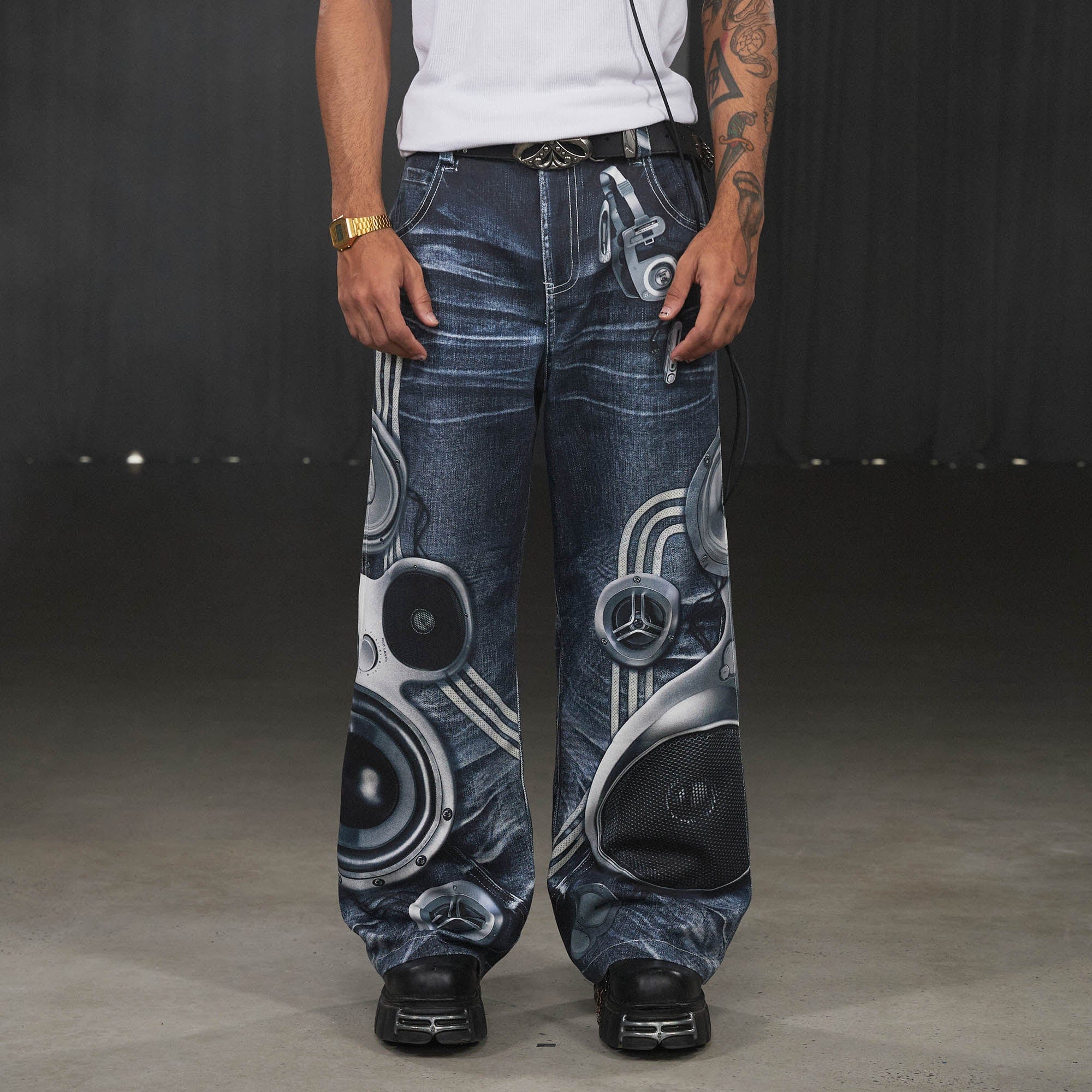 DND4DES Sound System Straight-Leg Pants Blue-Pants-S-Free Shipping Leatheretro