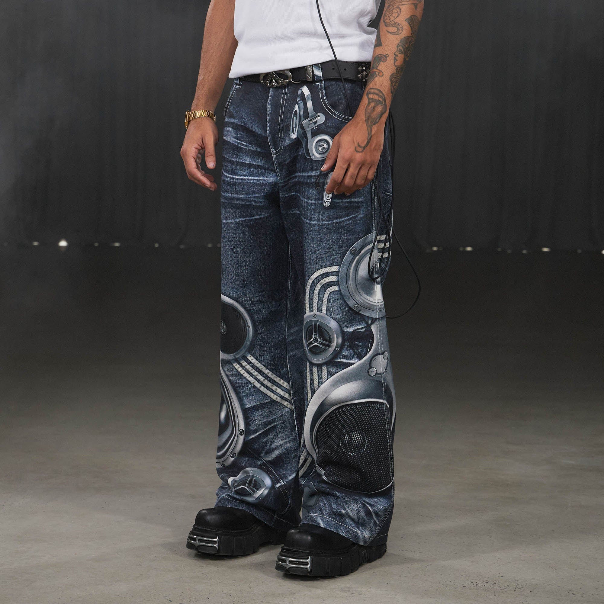 DND4DES Sound System Straight-Leg Pants Blue-Pants-S-Free Shipping Leatheretro