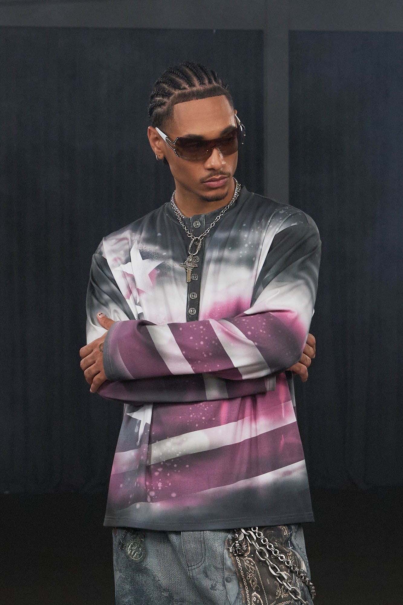 DND4DES Stars Graffiti Henley Long-Sleeve Tee-L/S Tee-S-Pink-Free Shipping Leatheretro