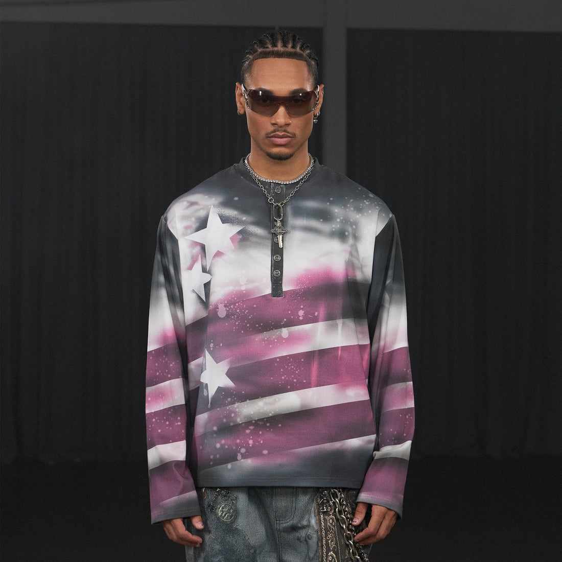 DND4DES Stars Graffiti Henley Long-Sleeve Tee-L/S Tee-S-Pink-Free Shipping Leatheretro