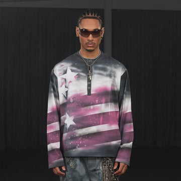 DND4DES Stars Graffiti Henley Long-Sleeve Tee-L/S Tee-S-Pink-Free Shipping Leatheretro