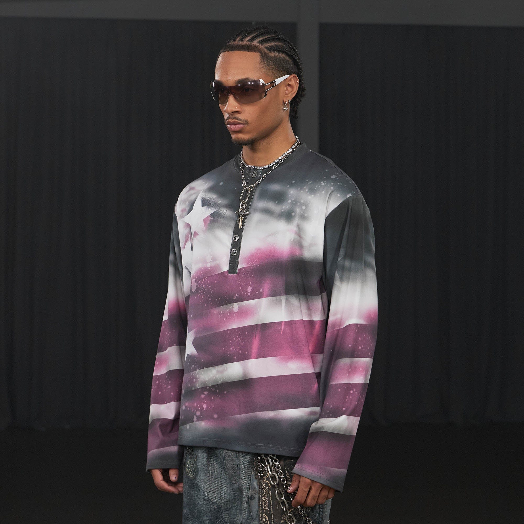 DND4DES Stars Graffiti Henley Long-Sleeve Tee-L/S Tee-S-Pink-Free Shipping Leatheretro