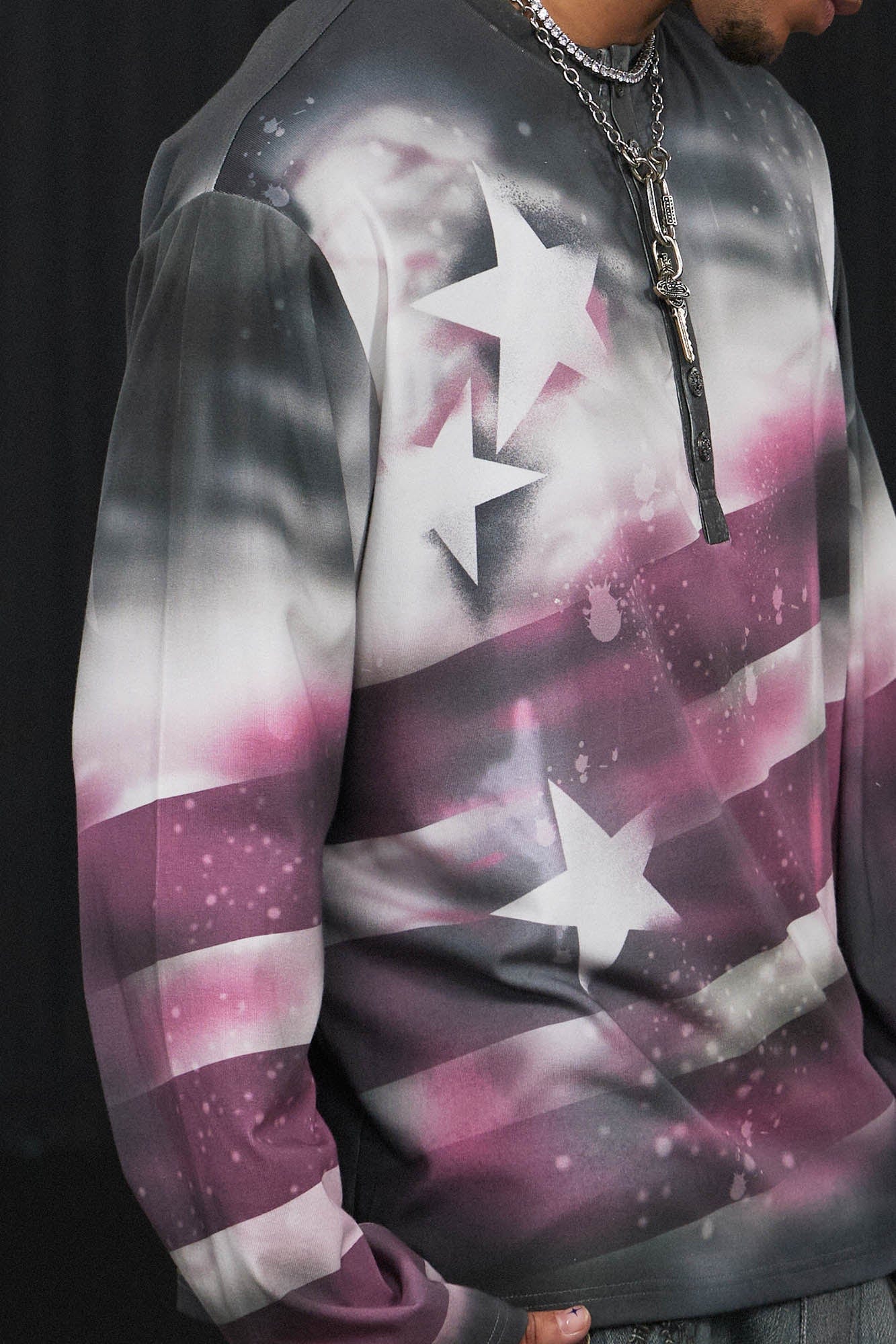 DND4DES Stars Graffiti Henley Long-Sleeve Tee-L/S Tee-S-Pink-Free Shipping Leatheretro