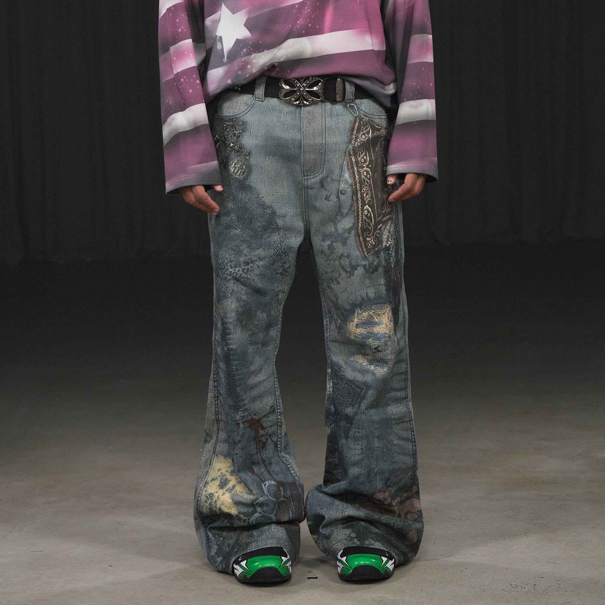 DND4DES Distressed Paisley Bandana Flared Pants-Pants-S-Free Shipping Leatheretro