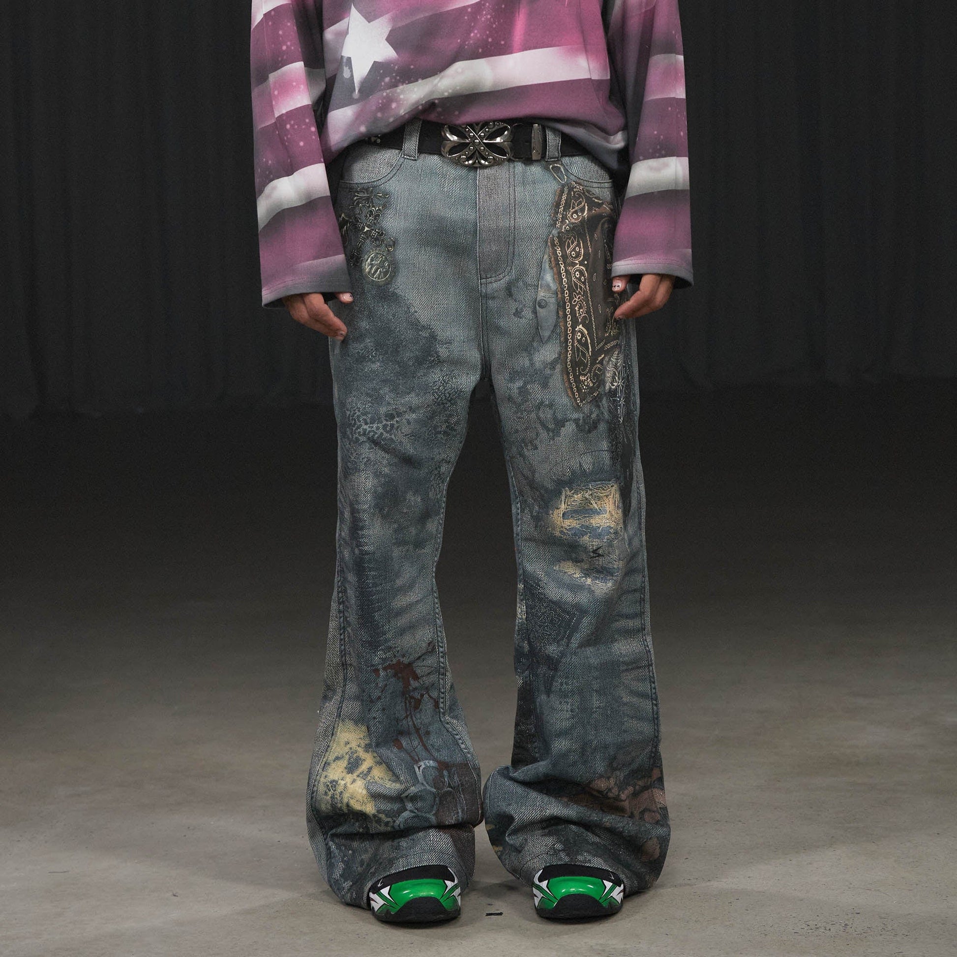 DND4DES Distressed Paisley Bandana Flared Pants-Pants-S-Free Shipping Leatheretro