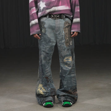 DND4DES Distressed Paisley Bandana Flared Pants-Pants-S-Free Shipping Leatheretro