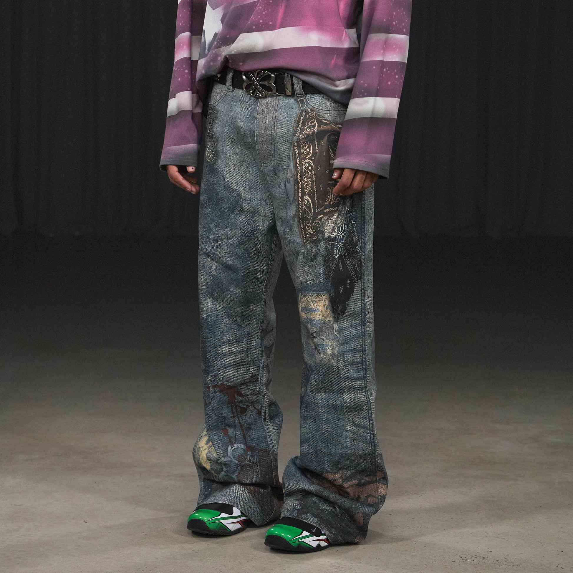 DND4DES Distressed Paisley Bandana Flared Pants-Pants-S-Free Shipping Leatheretro