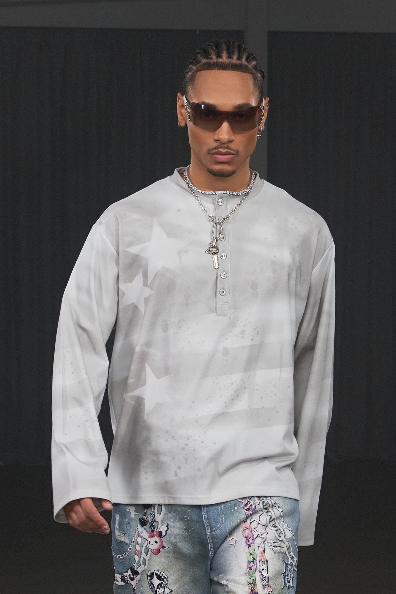 DND4DES Stars Graffiti Henley Long-Sleeve Tee-L/S Tee-S-Pink-Free Shipping Leatheretro