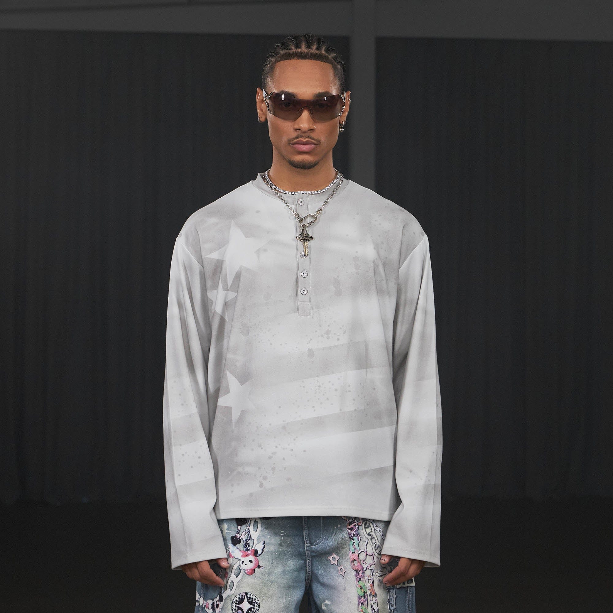 DND4DES Stars Graffiti Henley Long-Sleeve Tee-L/S Tee-S-Pink-Free Shipping Leatheretro