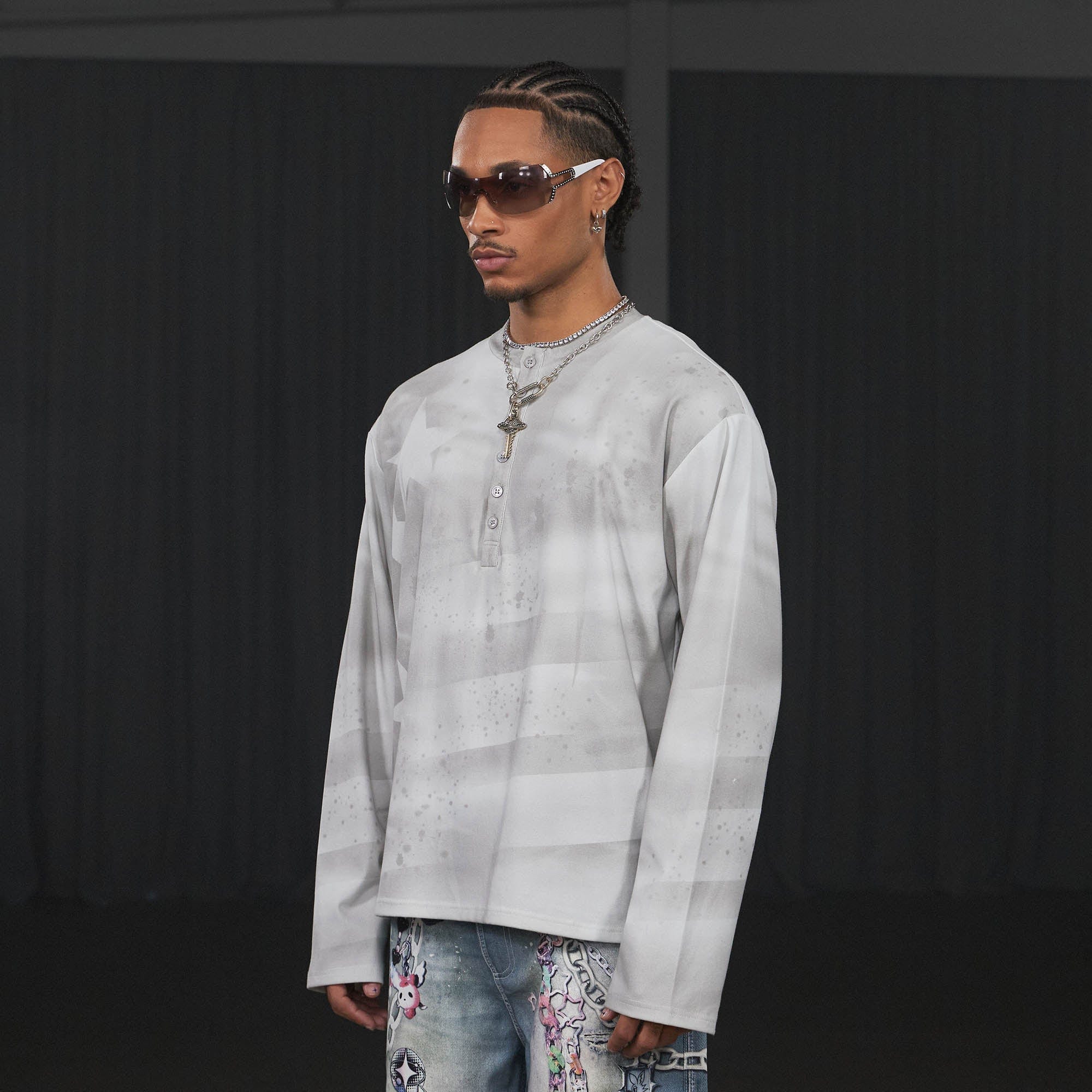 DND4DES Stars Graffiti Henley Long-Sleeve Tee-L/S Tee-S-Pink-Free Shipping Leatheretro