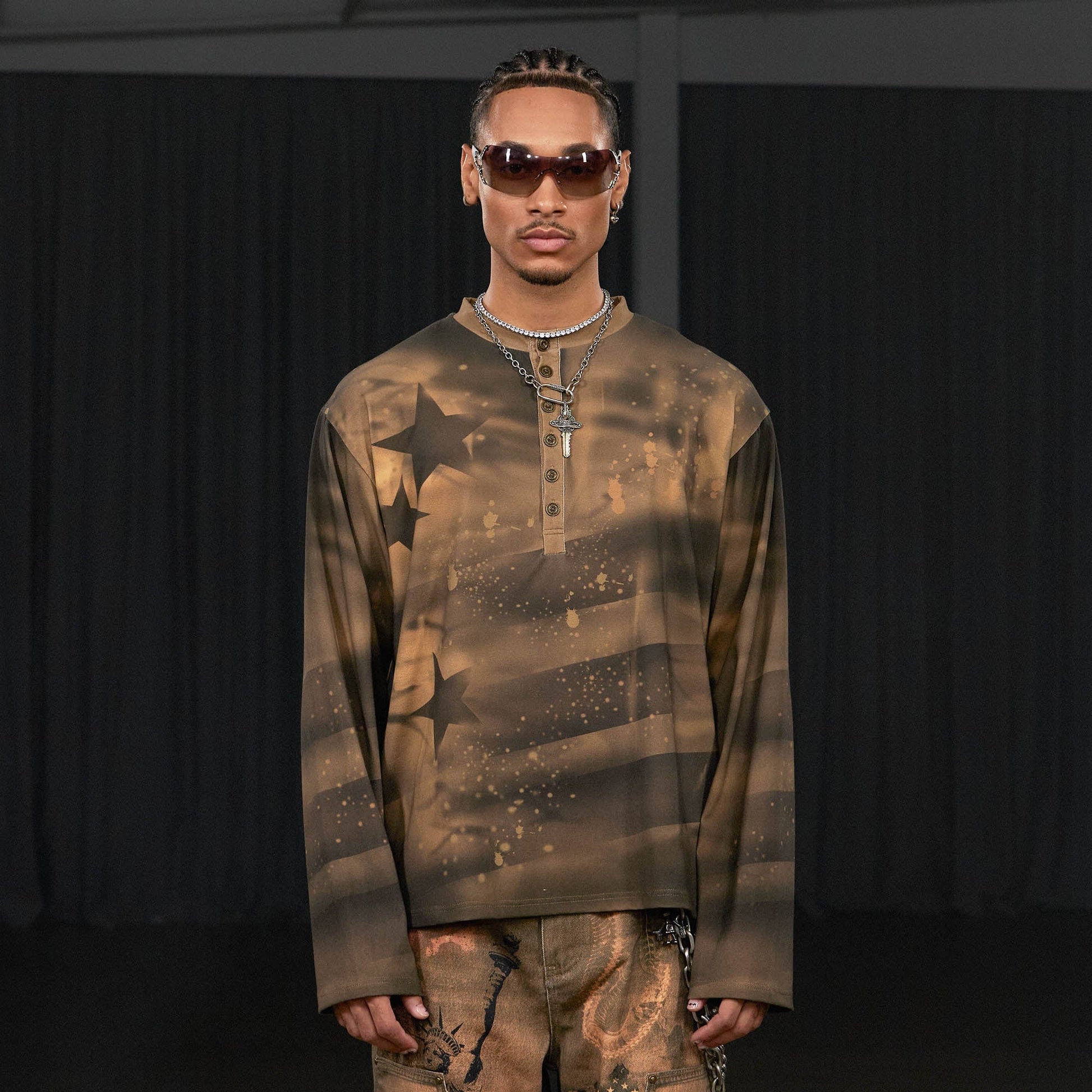 DND4DES Stars Graffiti Henley Long-Sleeve Tee-L/S Tee-S-Pink-Free Shipping Leatheretro