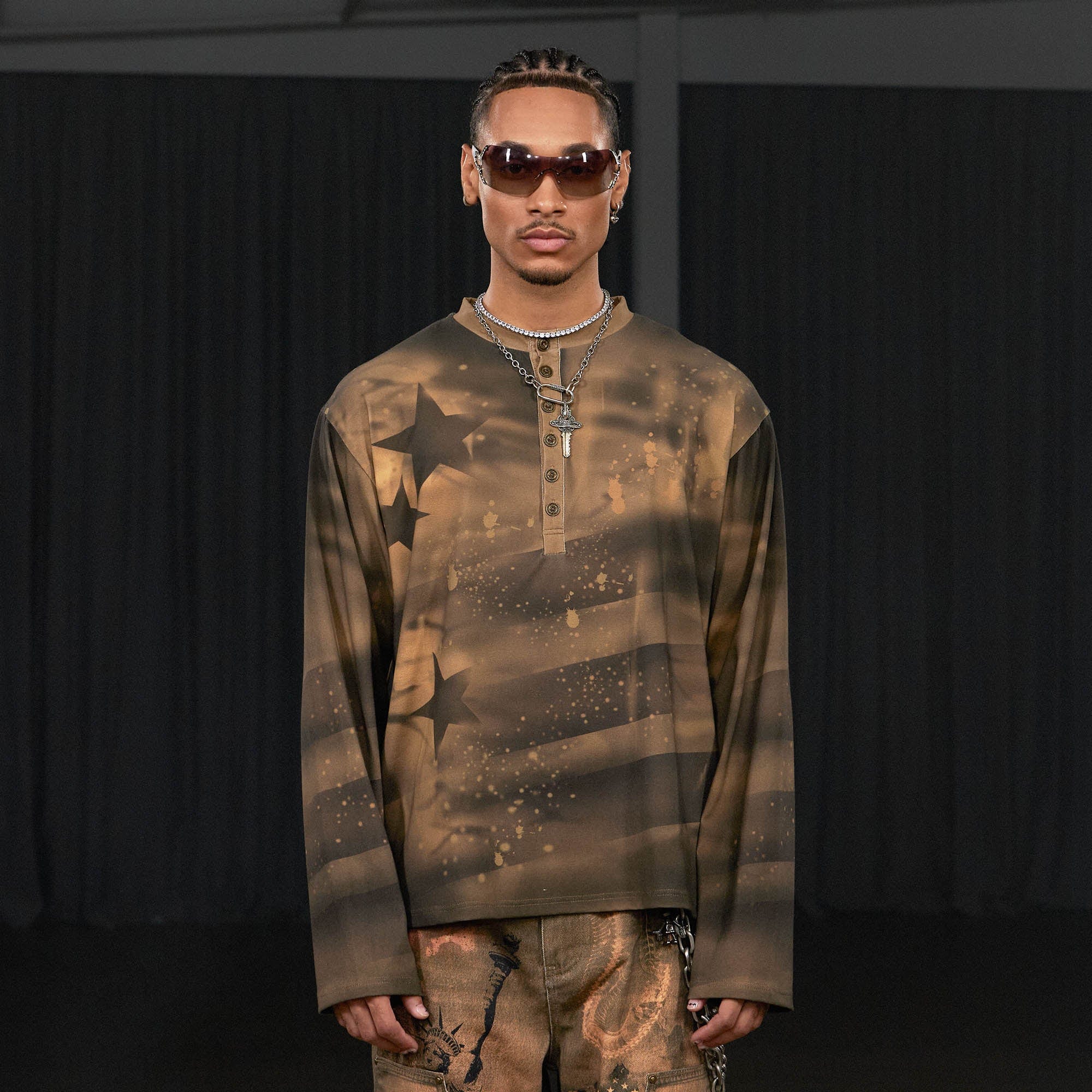 DND4DES Stars Graffiti Henley Long-Sleeve Tee-L/S Tee-S-Pink-Free Shipping Leatheretro