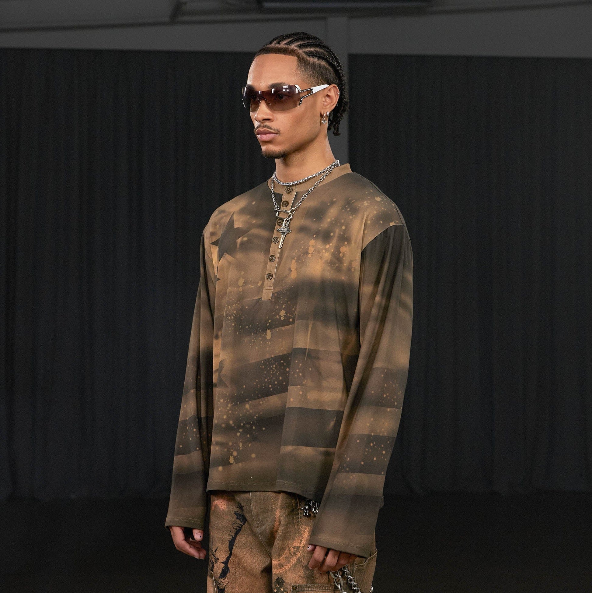 DND4DES Stars Graffiti Henley Long-Sleeve Tee-L/S Tee-S-Pink-Free Shipping Leatheretro