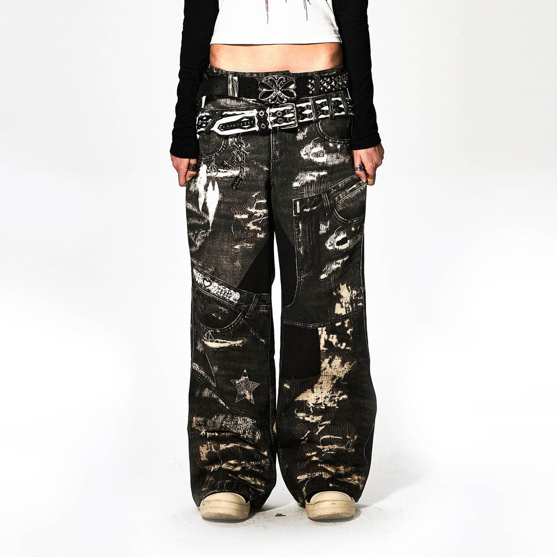 DND4DES×Faychui Deconstructed Graphic Double-Waist Distressed Jeans-Jeans-S-Free Shipping Leatheretro