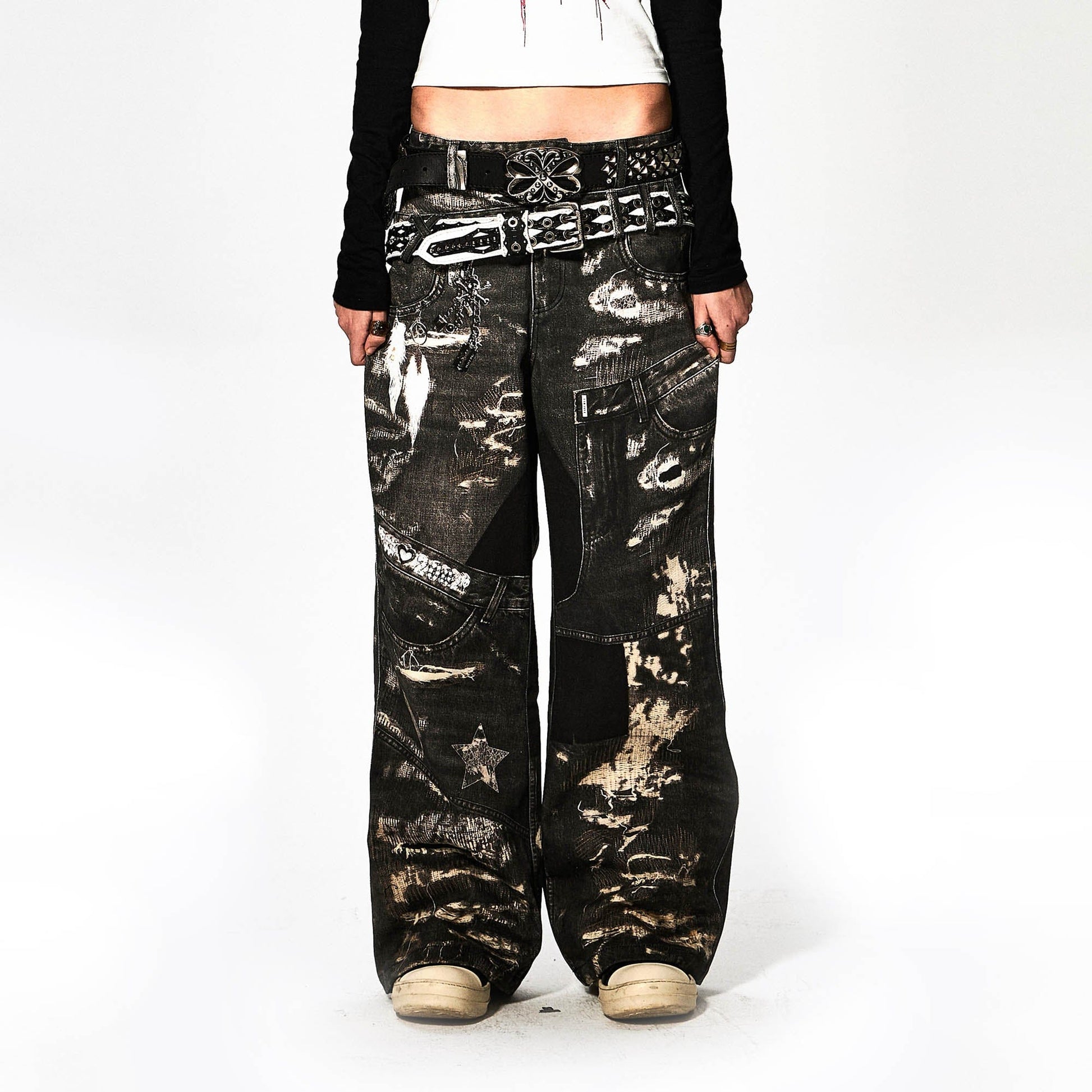 DND4DES×Faychui Deconstructed Graphic Double-Waist Distressed Jeans-Jeans-S-Free Shipping Leatheretro