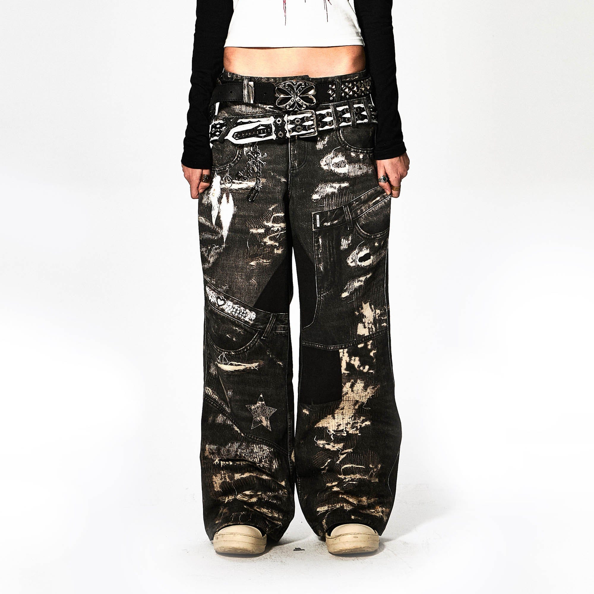 DND4DES×Faychui Deconstructed Graphic Double-Waist Distressed Jeans-Jeans-S-Free Shipping Leatheretro