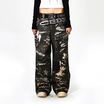 DND4DES×Faychui Deconstructed Graphic Double-Waist Distressed Jeans-Jeans-S-Free Shipping Leatheretro