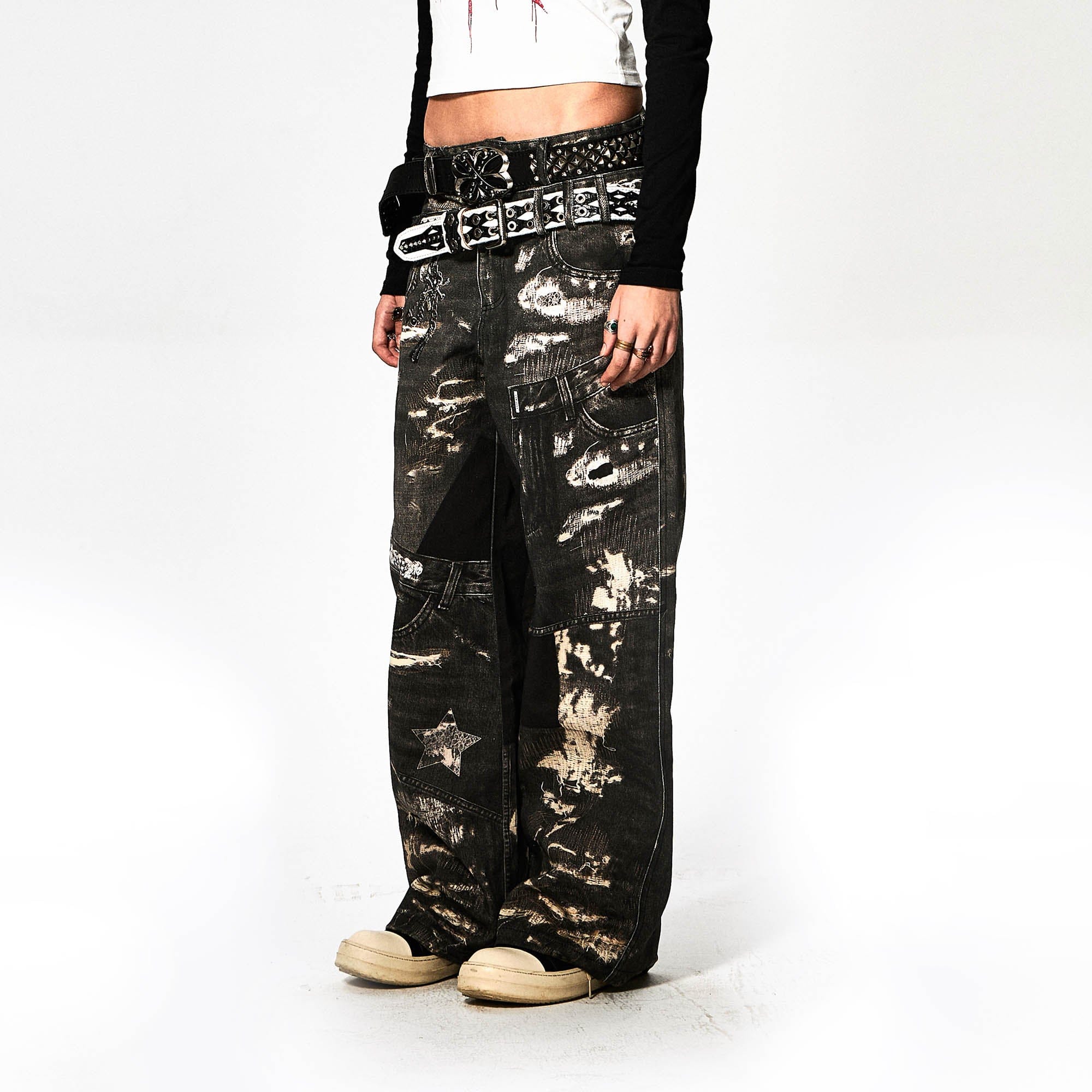 DND4DES×Faychui Deconstructed Graphic Double-Waist Distressed Jeans-Jeans-S-Free Shipping Leatheretro